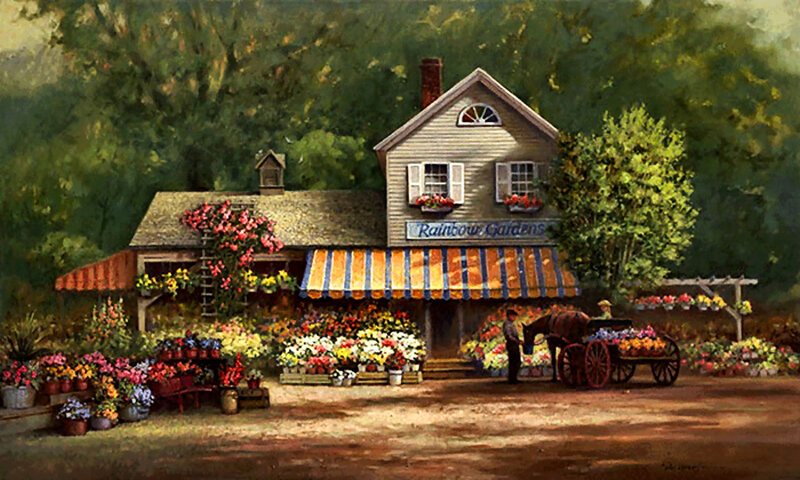Flower Shop with Horse Cart — Green, Serene