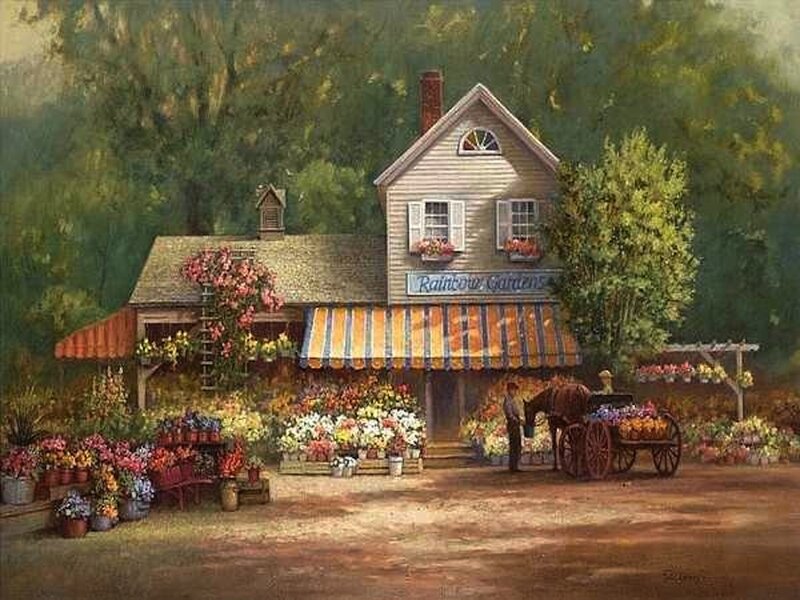 Flower Shop with Horse Cart — Green