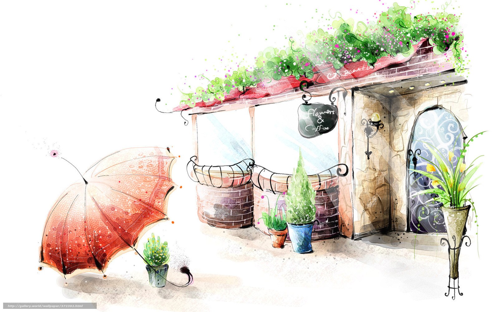 Flower shop with red umbrella