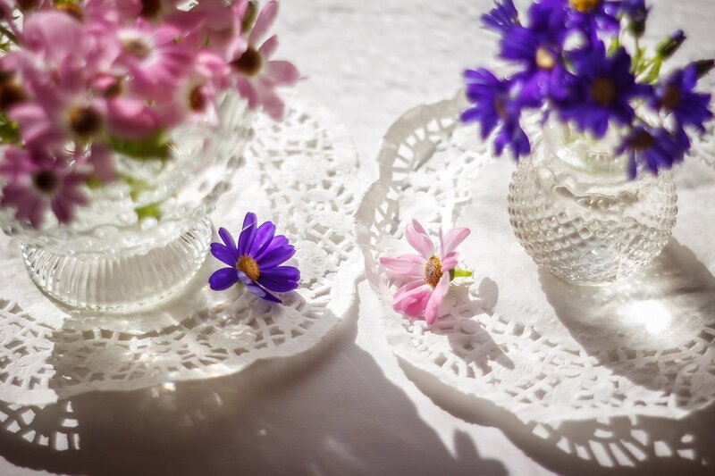 Flower Vases on Doilies