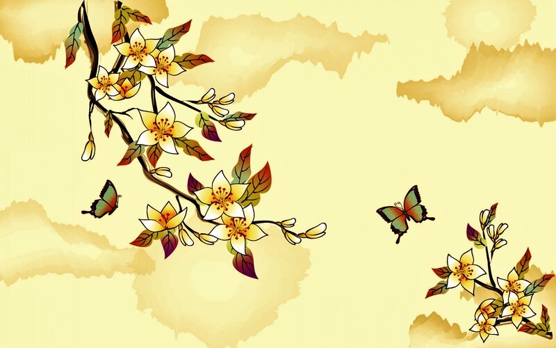 Flowering Branch with Butterflies — Yellow