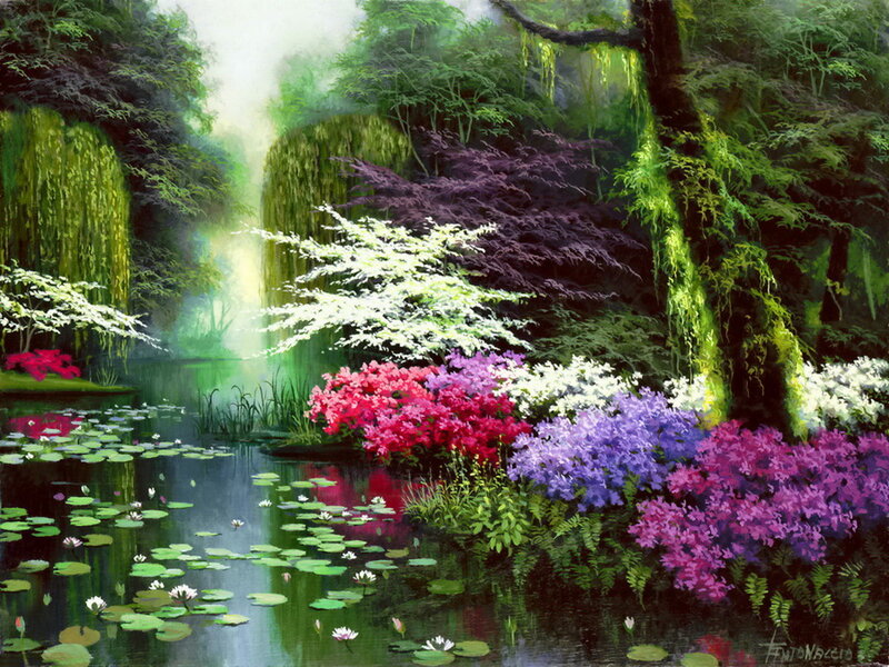 Flowering Bushes by Pond — Green, Serene, Spring