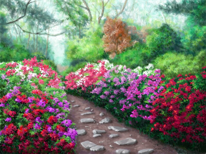 Flowering Bushes on Path — Green, Serene