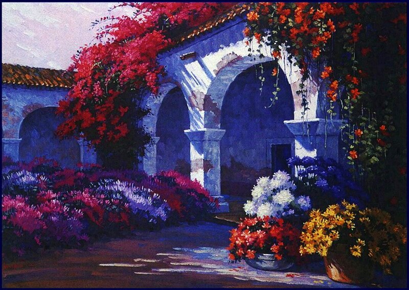 Flowering Garden Courtyard — Blue