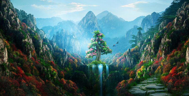 Flowering Tree on Cliff