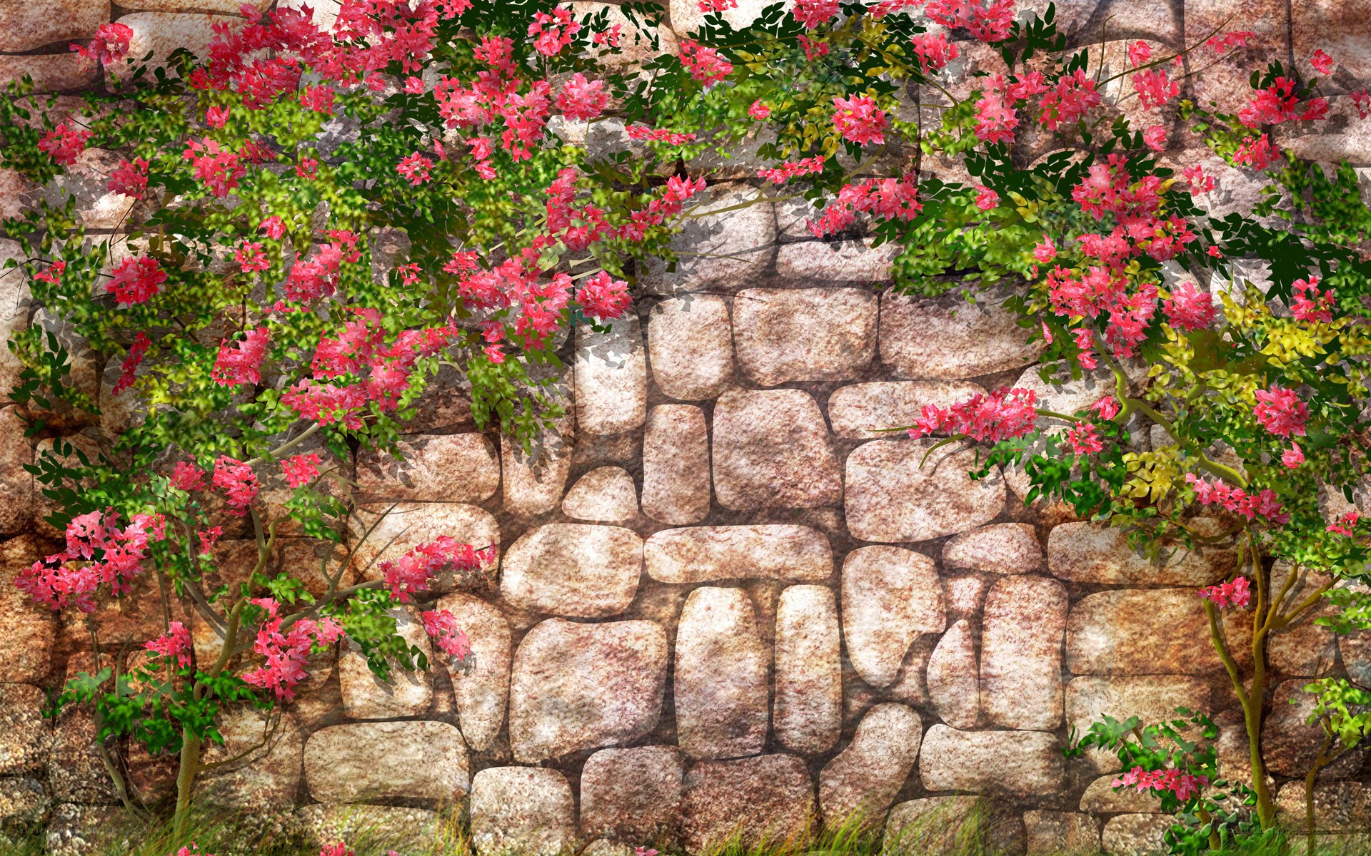 Flowering vines on stone wall