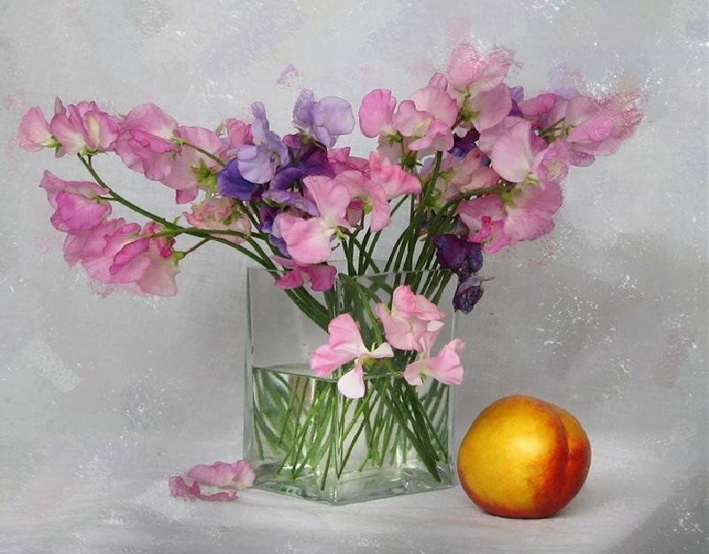 Flowers and a peach