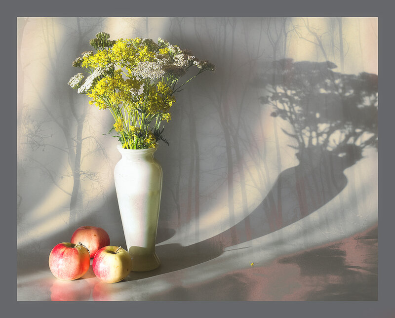 Flowers and Apples in Vase — White