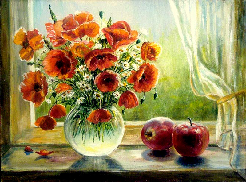 Flowers and apples on a windowsill
