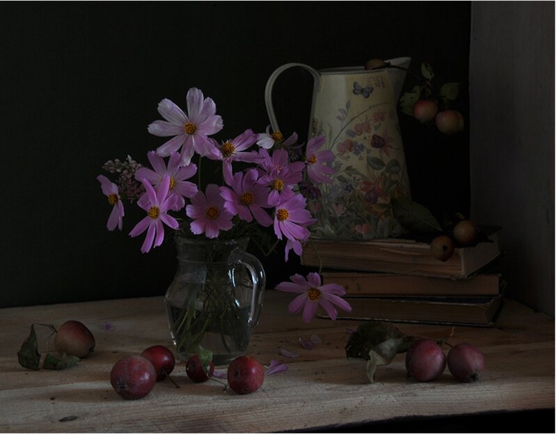 Flowers and Apples on Table — Purple