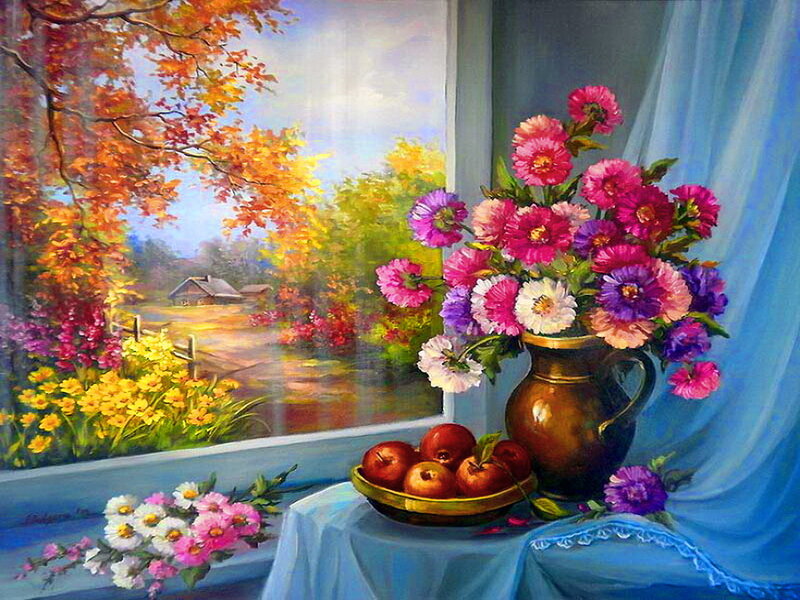 Flowers and Apples on Table