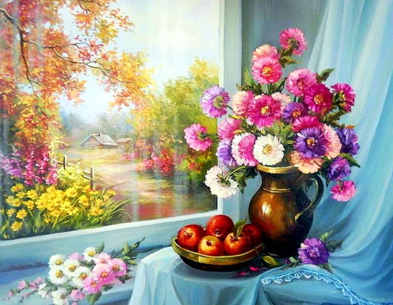 Flowers and Apples on Windowsill