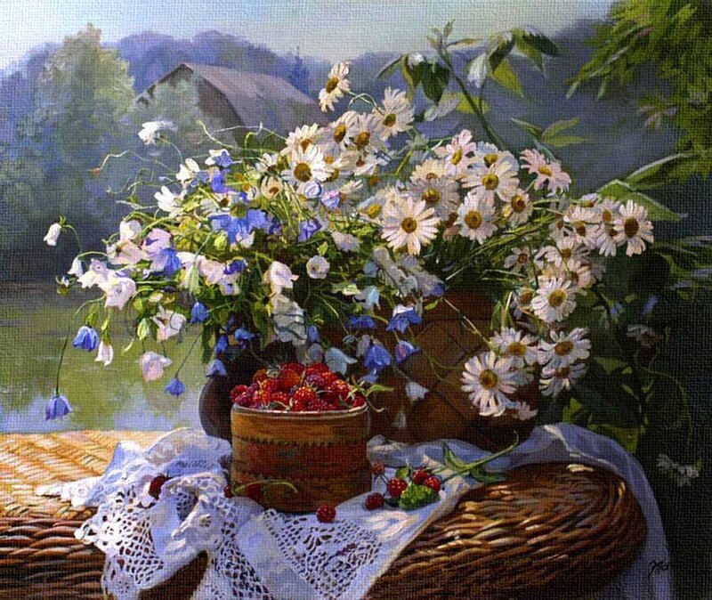 Flowers and berries in a basket