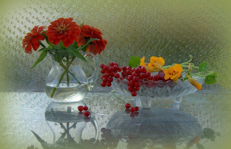 Flowers and Berries in Glass