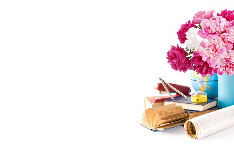 Flowers and Books on Table — Pink