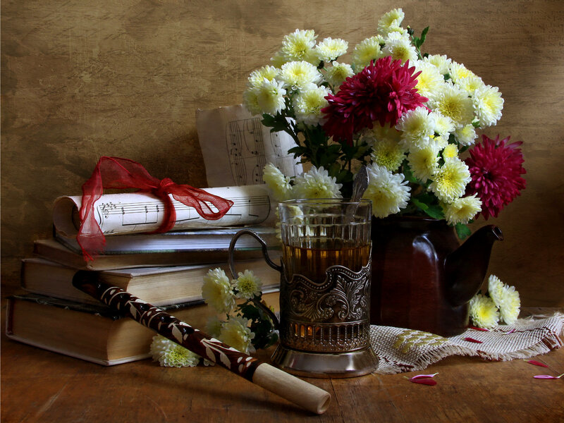 Flowers and Books on Table