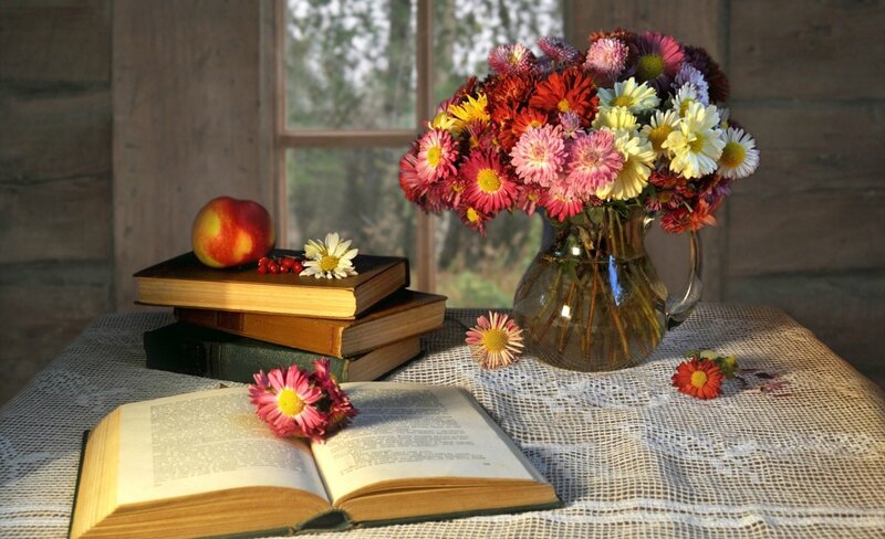 Flowers and Books on Table — White