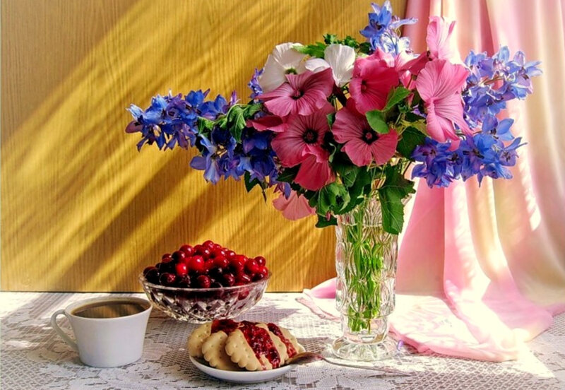 Flowers and breakfast still life