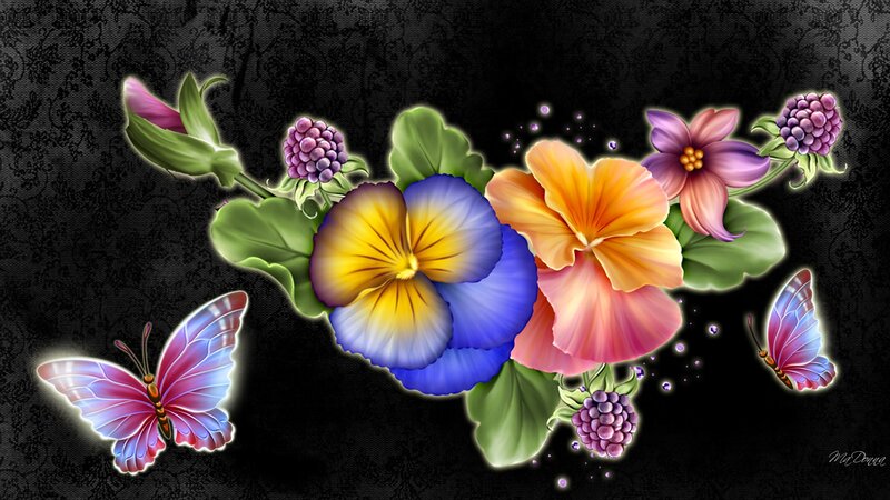 Flowers and Butterflies — Black