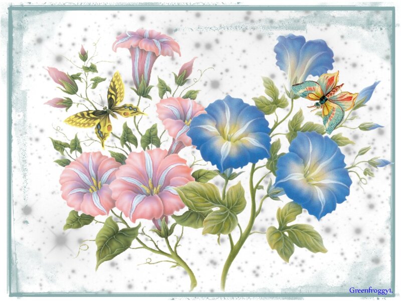Flowers and Butterflies — Blue, Serene, Illustration