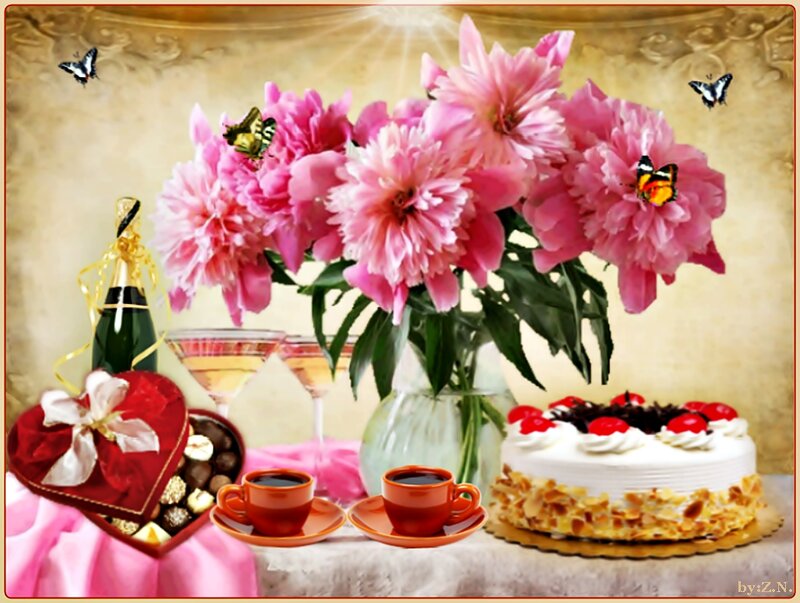 Flowers and Cake on Table