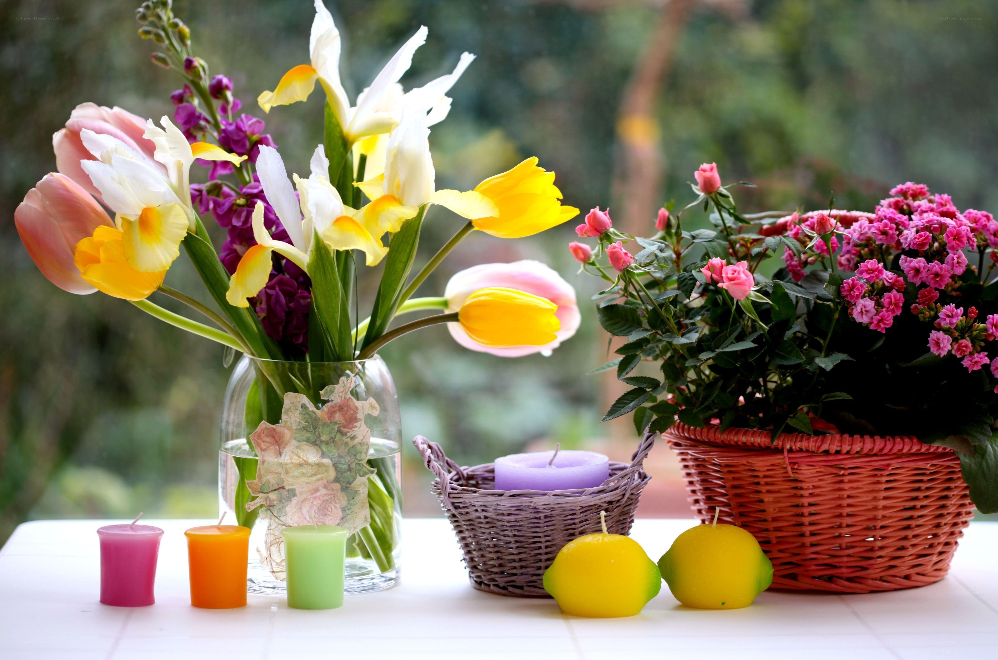 Flowers and candles on a table