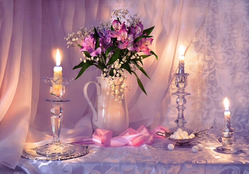 Flowers and Candles on Table