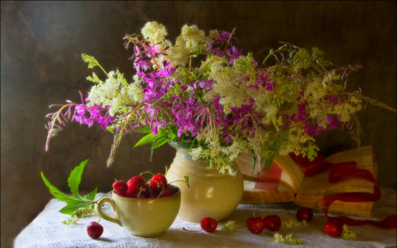 Flowers and Cherries in Vase