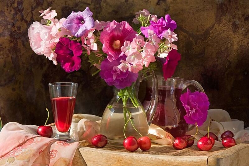Flowers and Cherries on Table — Purple, Calm