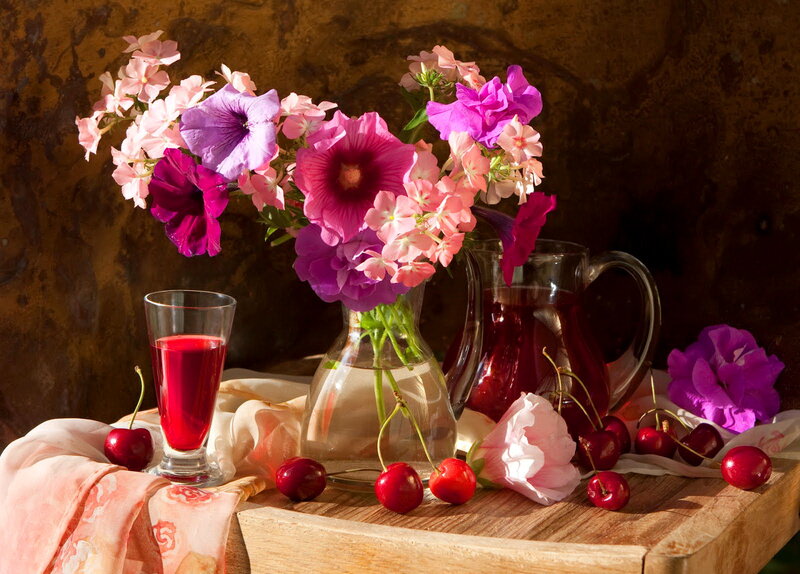 Flowers and Cherries on Table — Purple