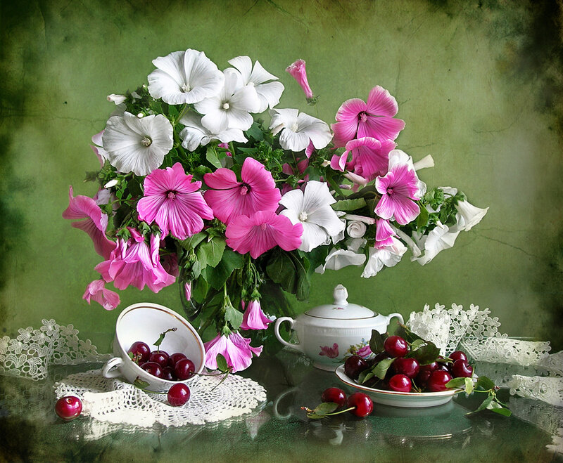 Flowers and Cherries on Table