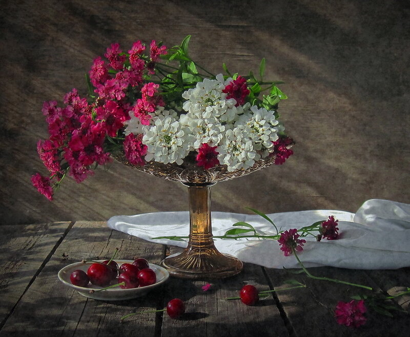 Flowers and Cherries on Table — White, Dramatic