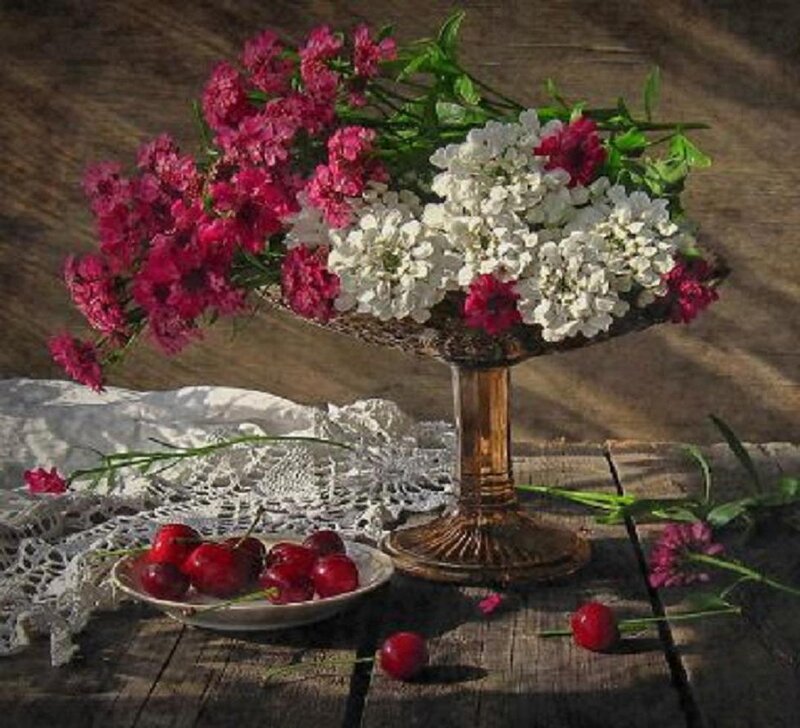 Flowers and Cherries on Table — White, Serene, Afternoon