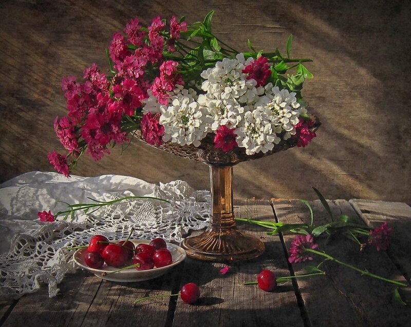 Flowers and Cherries on Table — White, Serene