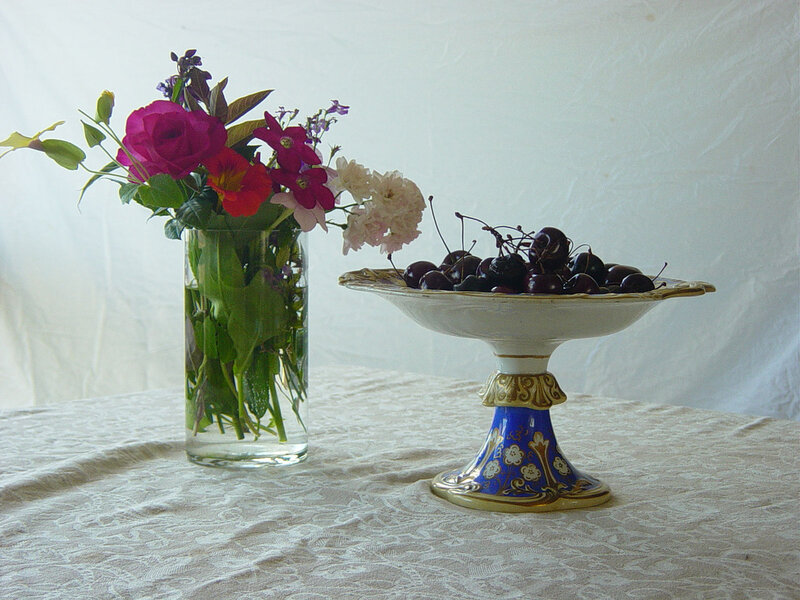 Flowers and Cherries on Table — White