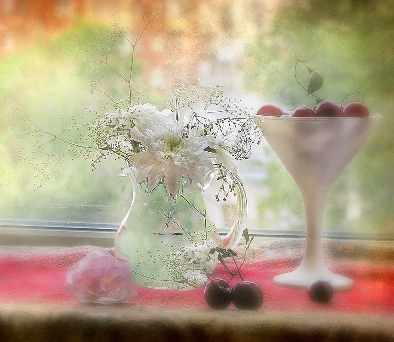 Flowers and Cherries on Windowsill