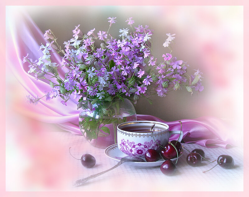 Flowers and cherries still life