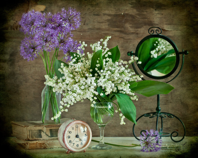 Flowers and Clock on Table