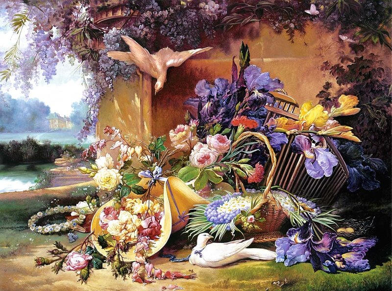 Flowers and Doves in Garden