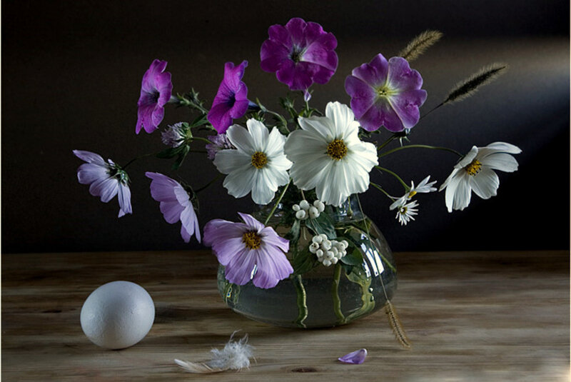 Flowers and egg on wood