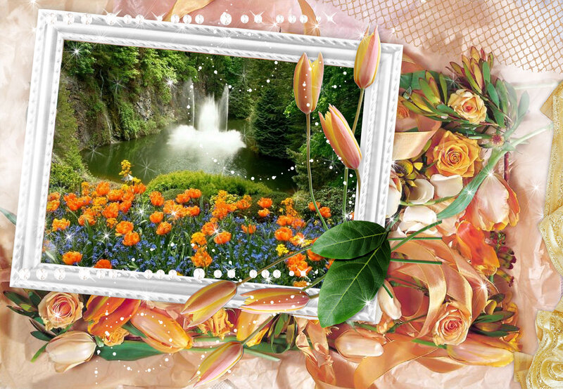Flowers and Fountain in Frame