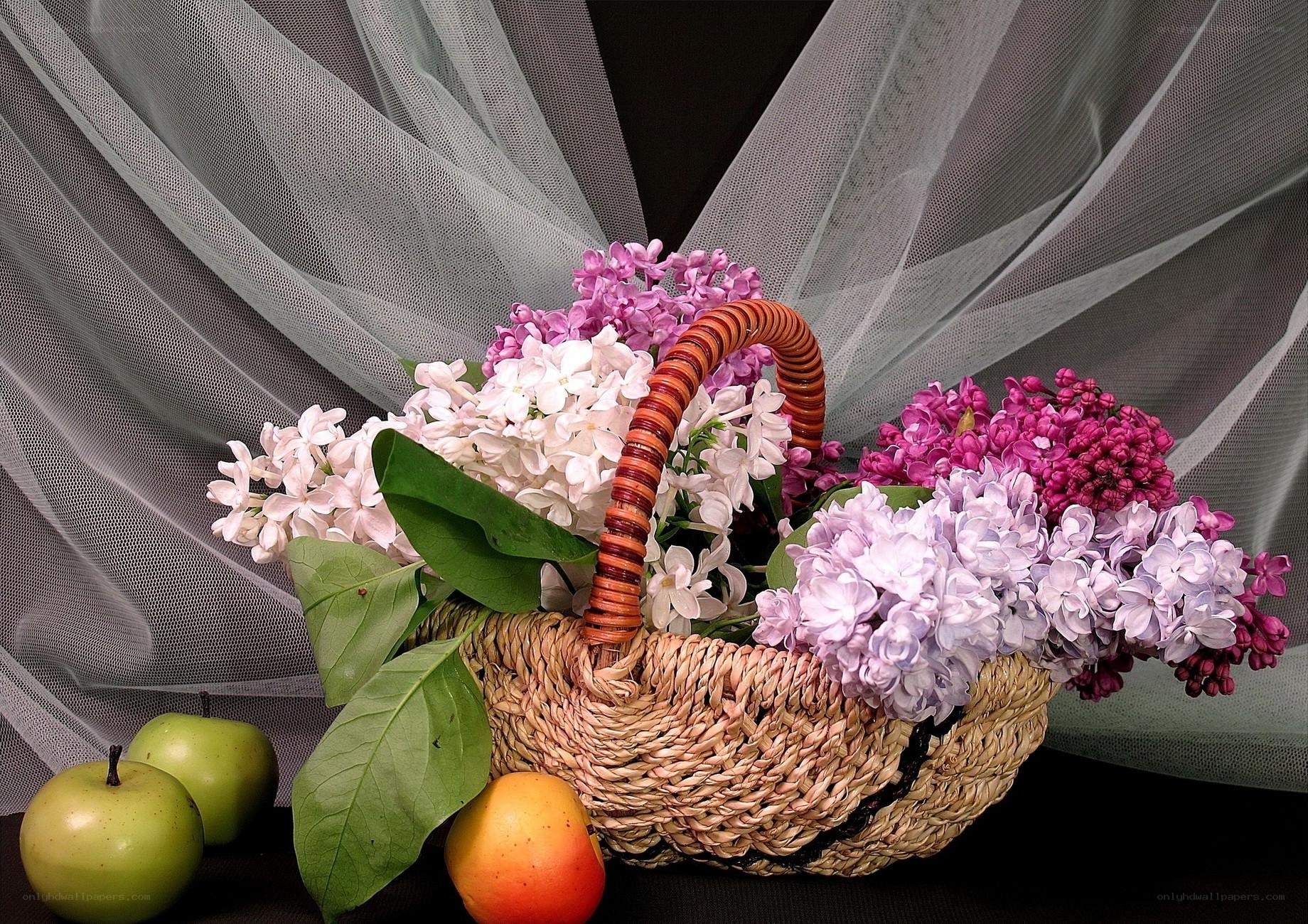 Flowers and fruit in a basket