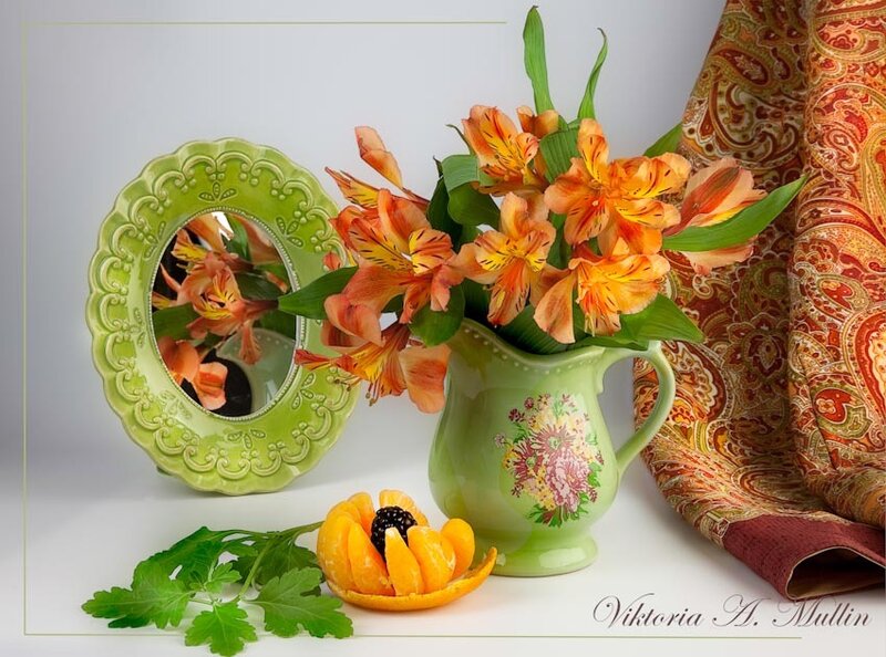 Flowers and fruit in a still life