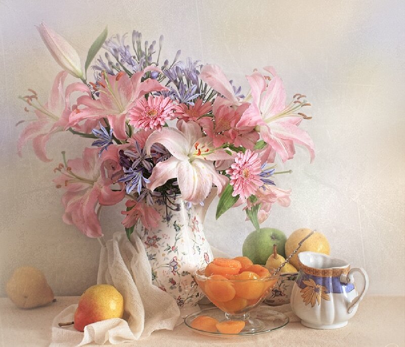 Flowers and Fruit in Vase — Pink