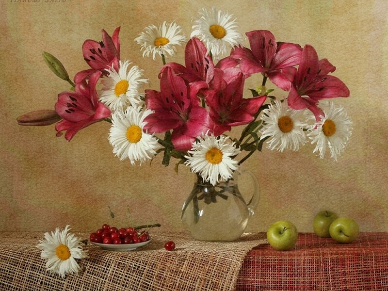 Flowers and Fruit in Vase