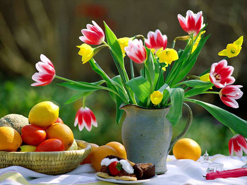 Flowers and fruit on a table