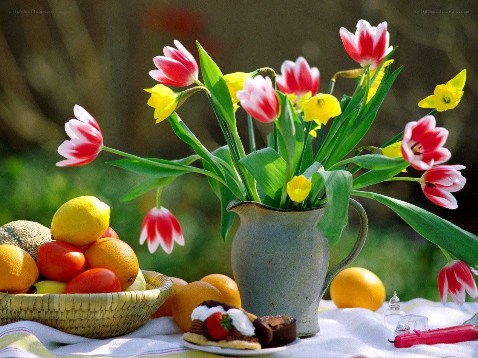 Flowers and fruit on a table