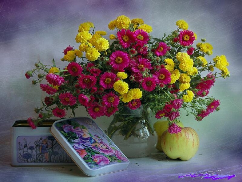 Flowers and fruit on a table