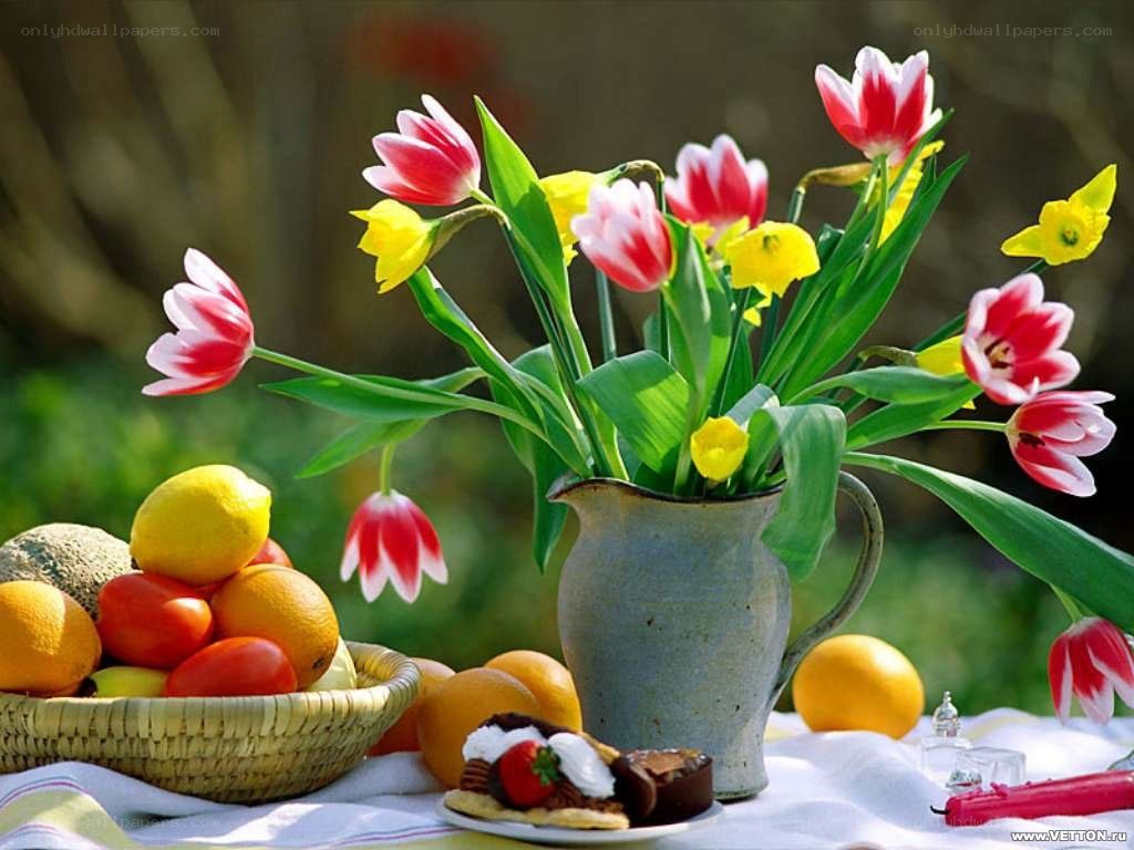 Flowers and fruit on a table