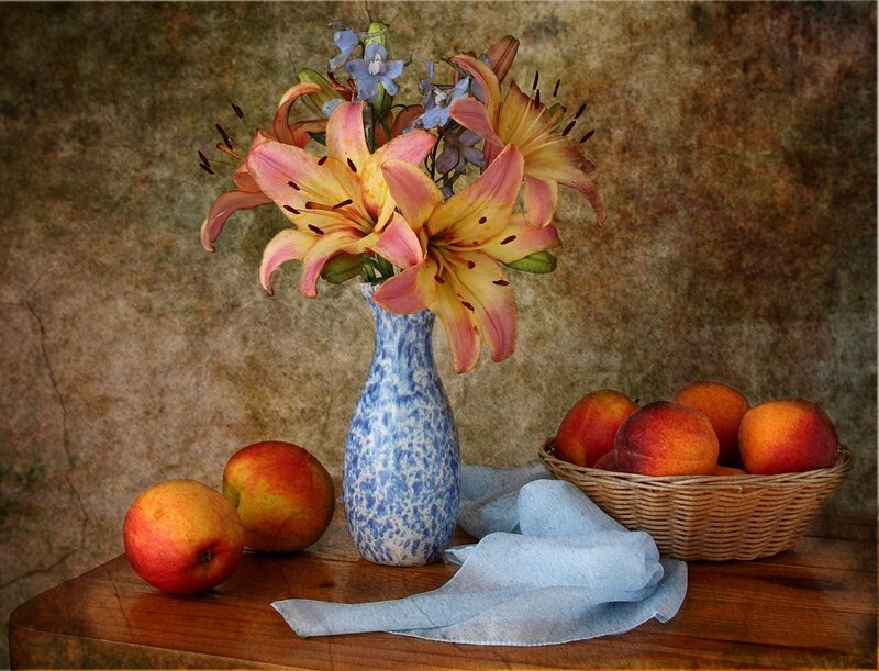 Flowers and Fruit on Table — Blue